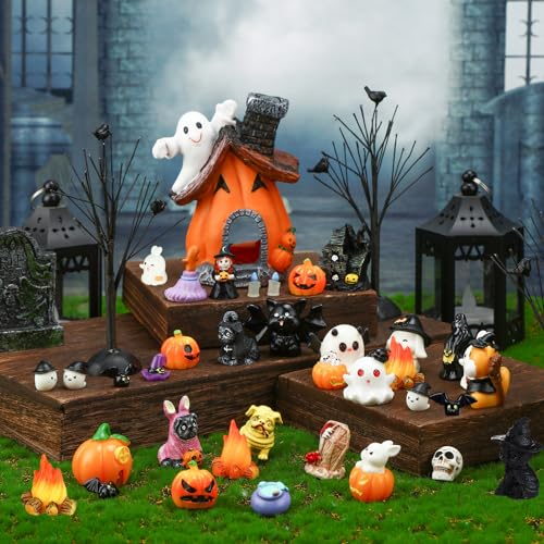 Poen 36 Pcs Halloween Miniature Figurines Resin Pumpkin Ghost Halloween Garden Accessories Miniature Halloween Decorations Halloween Miniature Ornament Kit for Outdoor Kitchen House Village Home