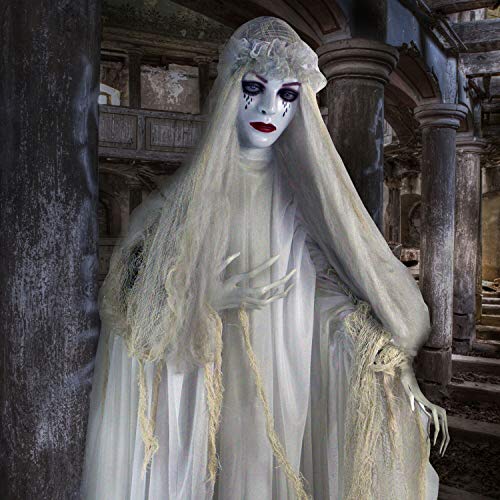 Haunted Hill Farm Life-Size Scary Ghost Bride, Halloween Animatronic with Touch Activated Lights and Sound, Battery Operated Indoor or Covered Outdoor Halloween Decorations, Creepy Halloween Prop