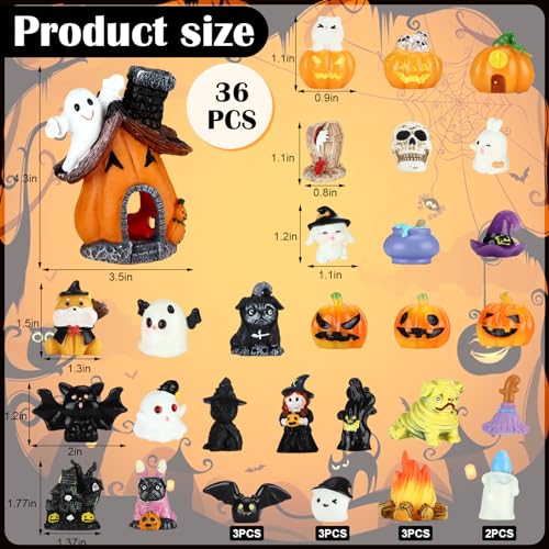 Poen 36 Pcs Halloween Miniature Figurines Resin Pumpkin Ghost Halloween Garden Accessories Miniature Halloween Decorations Halloween Miniature Ornament Kit for Outdoor Kitchen House Village Home