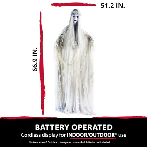 Haunted Hill Farm Life-Size Scary Ghost Bride, Halloween Animatronic with Touch Activated Lights and Sound, Battery Operated Indoor or Covered Outdoor Halloween Decorations, Creepy Halloween Prop