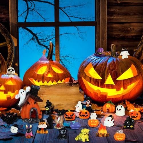 Poen 36 Pcs Halloween Miniature Figurines Resin Pumpkin Ghost Halloween Garden Accessories Miniature Halloween Decorations Halloween Miniature Ornament Kit for Outdoor Kitchen House Village Home