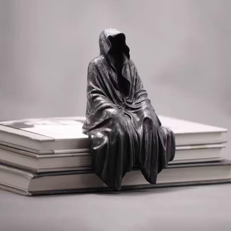 Grim Reaper Statue, Resin Gothic Throne Suriel Statue, Goth Acotar Bookshelf Decor Figurine Fantasy, Small Black Ghost Shelves Figure for Halloween Home Garden Sculpture Horror Decoration