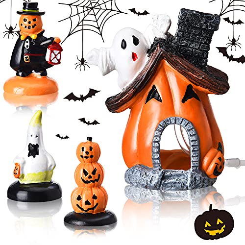 Blulu 4 Pieces Halloween Figurine Decorations Resin Stone Halloween Figurines Set Gravestone Pumpkin Statue for Resin Crafts Desktop Fish Tank Ornament Halloween Decor (Rich Style)