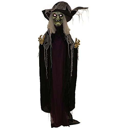 Haunted Hill Farm Life-Size Poseable Scary Talking Witch, Halloween Animatronic with Touch Activated Lights and Sound, Battery Operated Indoor or Covered Outdoor Halloween Decorations, Fright Props