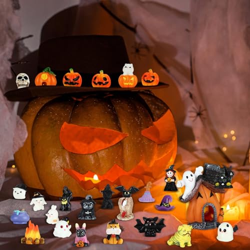 Poen 36 Pcs Halloween Miniature Figurines Resin Pumpkin Ghost Halloween Garden Accessories Miniature Halloween Decorations Halloween Miniature Ornament Kit for Outdoor Kitchen House Village Home