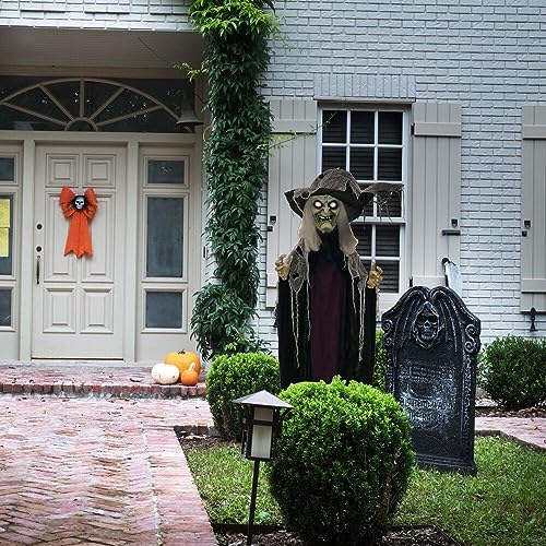 Haunted Hill Farm Life-Size Poseable Scary Talking Witch, Halloween Animatronic with Touch Activated Lights and Sound, Battery Operated Indoor or Covered Outdoor Halloween Decorations, Fright Props