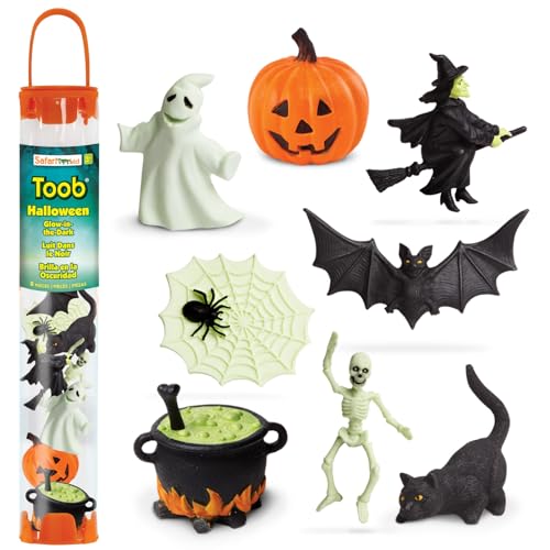 Safari Ltd. Glow-in-the-Dark Halloween Toob - Mini Figures: Bat, Cat, Skeleton, Ghost, Witch, Cauldron, Spider, Pumpkin - Educational Toy Figures For Boys, Girls & Kids Ages 3+