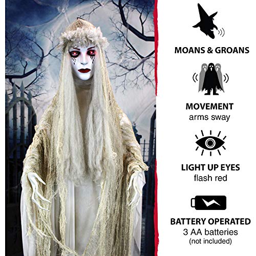 Haunted Hill Farm Life-Size Scary Ghost Bride, Halloween Animatronic with Touch Activated Lights and Sound, Battery Operated Indoor or Covered Outdoor Halloween Decorations, Creepy Halloween Prop