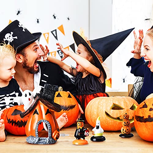 Blulu 4 Pieces Halloween Figurine Decorations Resin Stone Halloween Figurines Set Gravestone Pumpkin Statue for Resin Crafts Desktop Fish Tank Ornament Halloween Decor (Rich Style)