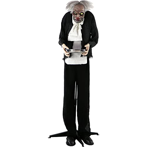 Haunted Hill Farm Life-Size Halloween Animatronic, Zombie Butler Holding Tray with Touch Activated Motion and Lights, Indoor or Covered Outdoor Halloween Decorations, Battery Operated Halloween Props
