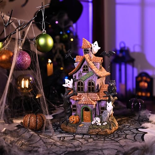 Valery Madelyn Halloween Haunted House Figurine with Bat Ghost Pumpkin for Halloween Decorations, 11.6 Inch Pre-Lit Lighted Halloween Village Statue with LED Light for Indoor Outdoor Party Decor
