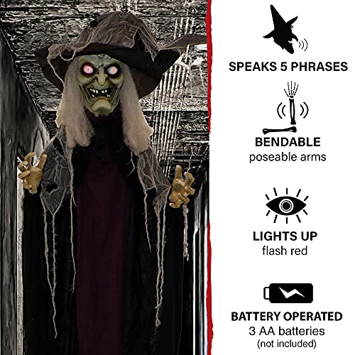 Haunted Hill Farm Life-Size Poseable Scary Talking Witch, Halloween Animatronic with Touch Activated Lights and Sound, Battery Operated Indoor or Covered Outdoor Halloween Decorations, Fright Props