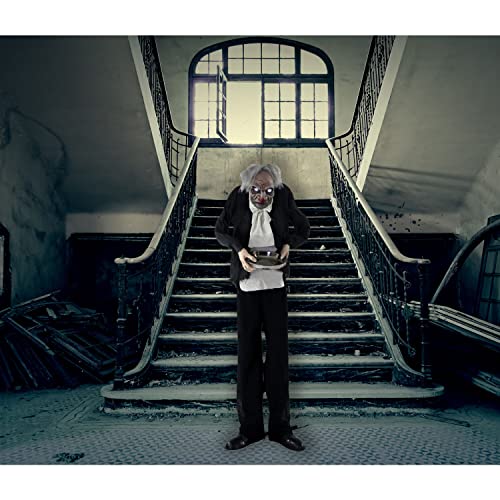 Haunted Hill Farm Life-Size Halloween Animatronic, Zombie Butler Holding Tray with Touch Activated Motion and Lights, Indoor or Covered Outdoor Halloween Decorations, Battery Operated Halloween Props