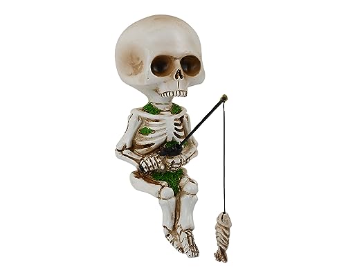 DS. DISTINCTIVE STYLE Fishing Skeleton Statue 4.5 Inch Mini Skull Figurines Halloween Gothic Decor Resin Cute Skull Fisher Sculpture for Outdoor Garden Pond Fountain Poolside