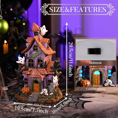 Valery Madelyn Halloween Haunted House Figurine with Bat Ghost Pumpkin for Halloween Decorations, 11.6 Inch Pre-Lit Lighted Halloween Village Statue with LED Light for Indoor Outdoor Party Decor
