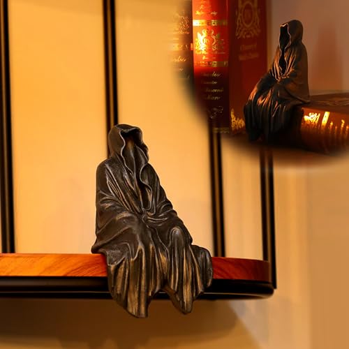 Joogour Mysterious Black Robe Grim Reaper Statue - Gothic Spooky Decor for Garden or Bookshelf - 5.9 inch Resin Figurine - Perfect Horror & Halloween Decor.