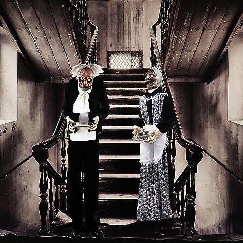 Haunted Hill Farm Life-Size Halloween Animatronic, Zombie Butler Holding Tray with Touch Activated Motion and Lights, Indoor or Covered Outdoor Halloween Decorations, Battery Operated Halloween Props