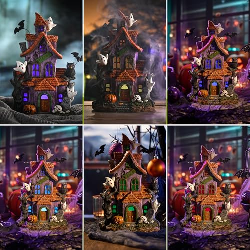 Valery Madelyn Halloween Haunted House Figurine with Bat Ghost Pumpkin for Halloween Decorations, 11.6 Inch Pre-Lit Lighted Halloween Village Statue with LED Light for Indoor Outdoor Party Decor