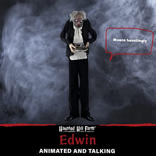 Haunted Hill Farm Life-Size Halloween Animatronic, Zombie Butler Holding Tray with Touch Activated Motion and Lights, Indoor or Covered Outdoor Halloween Decorations, Battery Operated Halloween Props