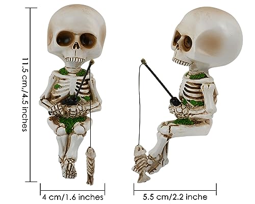 DS. DISTINCTIVE STYLE Fishing Skeleton Statue 4.5 Inch Mini Skull Figurines Halloween Gothic Decor Resin Cute Skull Fisher Sculpture for Outdoor Garden Pond Fountain Poolside