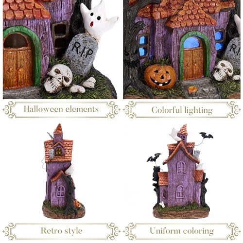 Valery Madelyn Halloween Haunted House Figurine with Bat Ghost Pumpkin for Halloween Decorations, 11.6 Inch Pre-Lit Lighted Halloween Village Statue with LED Light for Indoor Outdoor Party Decor