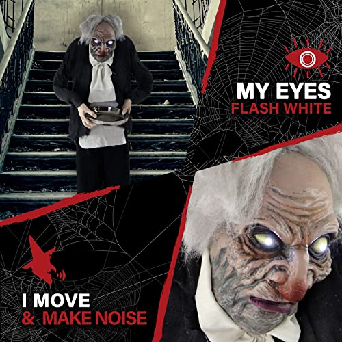 Haunted Hill Farm Life-Size Halloween Animatronic, Zombie Butler Holding Tray with Touch Activated Motion and Lights, Indoor or Covered Outdoor Halloween Decorations, Battery Operated Halloween Props