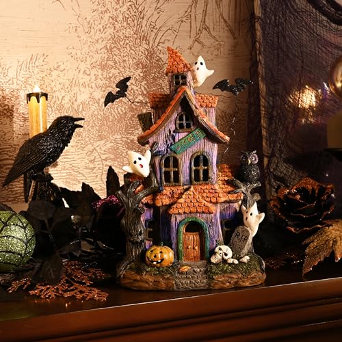 Valery Madelyn Halloween Haunted House Figurine with Bat Ghost Pumpkin for Halloween Decorations, 11.6 Inch Pre-Lit Lighted Halloween Village Statue with LED Light for Indoor Outdoor Party Decor