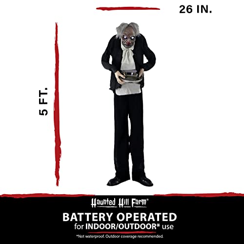 Haunted Hill Farm Life-Size Halloween Animatronic, Zombie Butler Holding Tray with Touch Activated Motion and Lights, Indoor or Covered Outdoor Halloween Decorations, Battery Operated Halloween Props