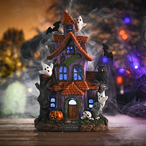 Valery Madelyn Halloween Haunted House Figurine with Bat Ghost Pumpkin for Halloween Decorations, 11.6 Inch Pre-Lit Lighted Halloween Village Statue with LED Light for Indoor Outdoor Party Decor