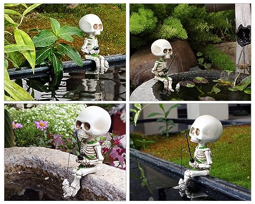 DS. DISTINCTIVE STYLE Fishing Skeleton Statue 4.5 Inch Mini Skull Figurines Halloween Gothic Decor Resin Cute Skull Fisher Sculpture for Outdoor Garden Pond Fountain Poolside