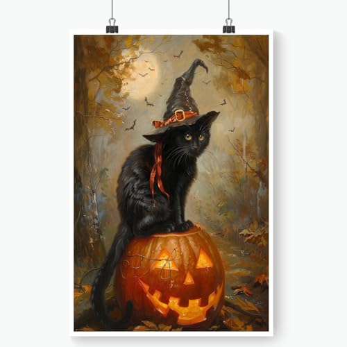 Vintage Halloween Cat Witch Canvas Wall Art