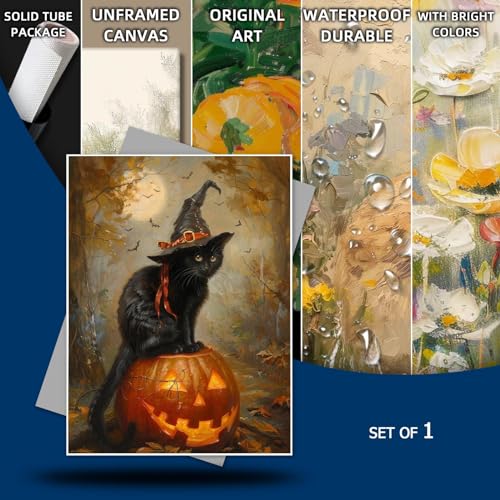 Vintage Halloween Cat Witch Canvas Wall Art