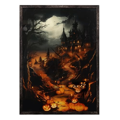 Gothic Lit Halloween Wall Art with Pumpkins