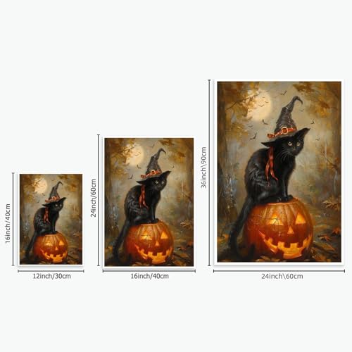 Vintage Halloween Cat Witch Canvas Wall Art