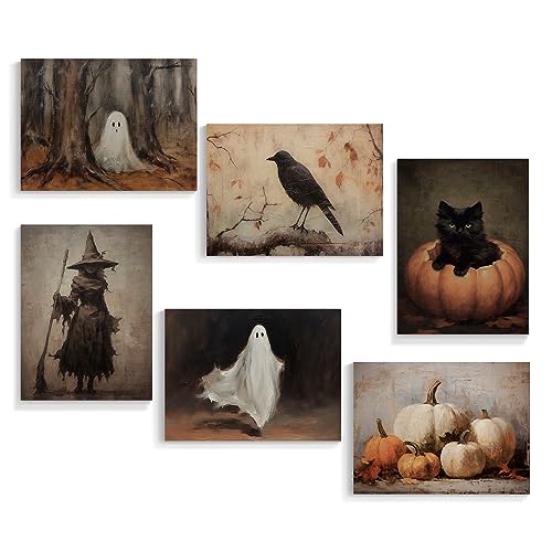 Vintage Halloween Wall Art Set: Black Cat & Ghost