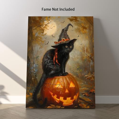 Vintage Halloween Cat Witch Canvas Wall Art