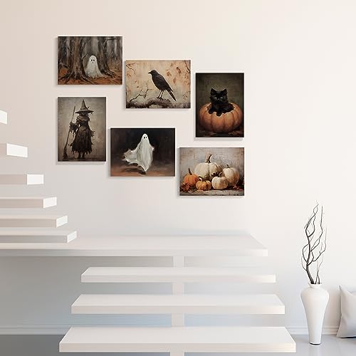 Vintage Halloween Wall Art Set: Black Cat & Ghost
