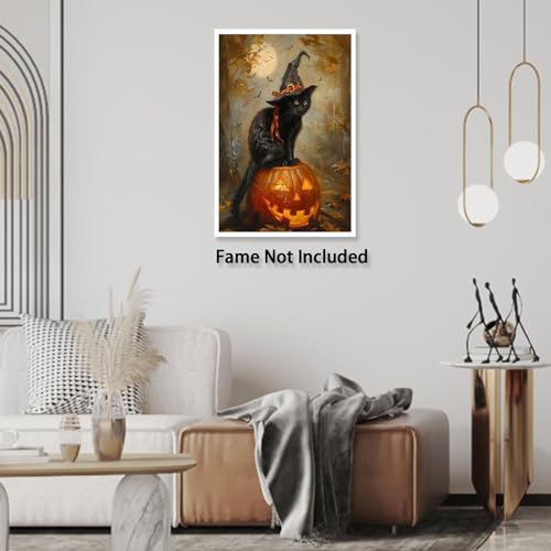 Vintage Halloween Cat Witch Canvas Wall Art