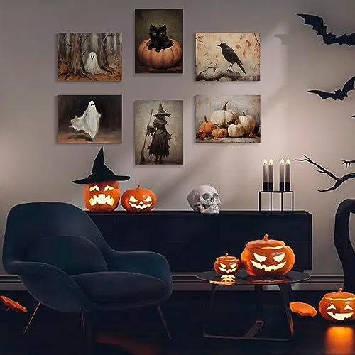 Vintage Halloween Wall Art Set: Black Cat & Ghost