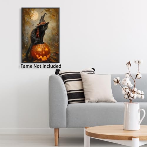 Vintage Halloween Cat Witch Canvas Wall Art