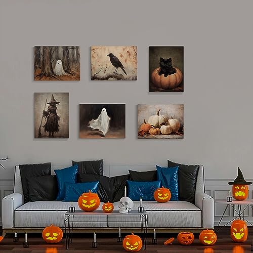 Vintage Halloween Wall Art Set: Black Cat & Ghost