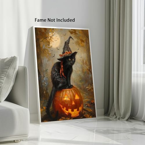 Vintage Halloween Cat Witch Canvas Wall Art