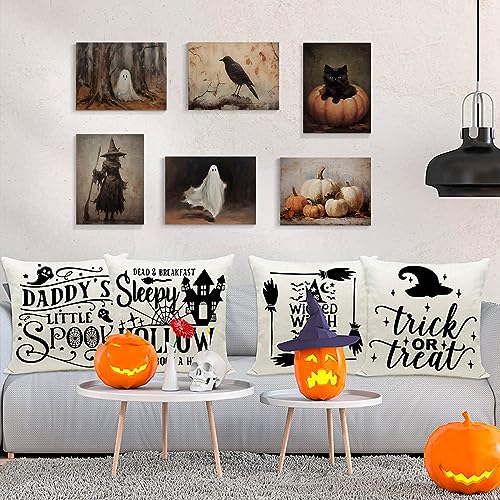 Vintage Halloween Wall Art Set: Black Cat & Ghost