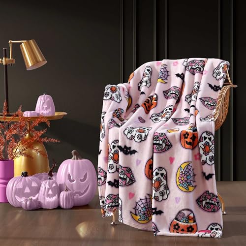 Retro Halloween Pink Plush Throw Blanket