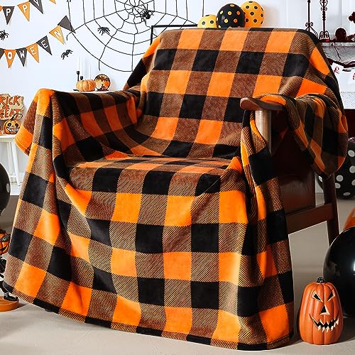 Cozy Orange Buffalo Plaid Halloween Throw Blanket