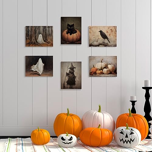 Vintage Halloween Wall Art Set: Black Cat & Ghost
