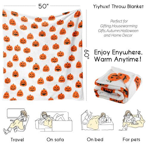 Orange Pumpkin Face Halloween Fleece Blanket 60"x50