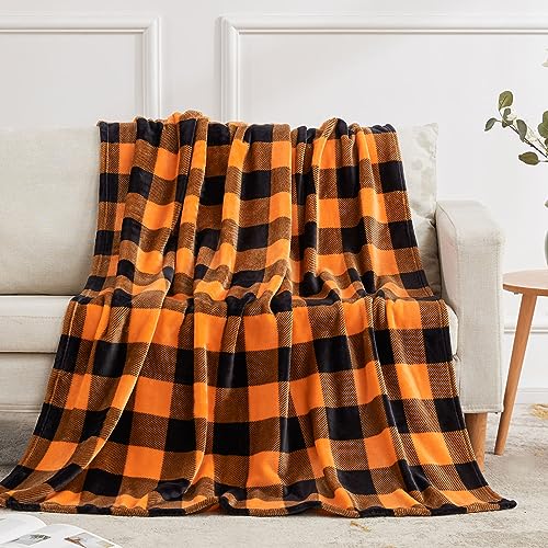Cozy Orange Buffalo Plaid Halloween Throw Blanket