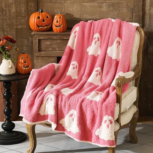 Cute Pink Ghost Halloween Throw Blanket 50 x 60