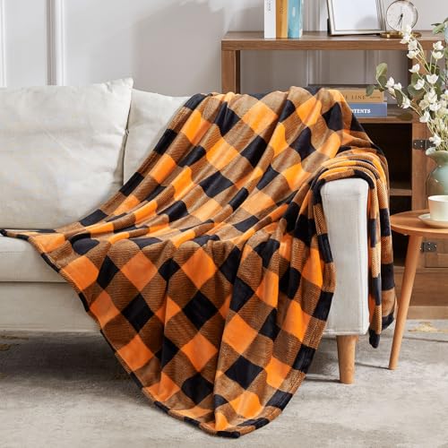 Cozy Orange Buffalo Plaid Halloween Throw Blanket